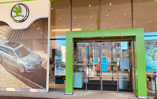 Skoda car dealership shopfront automatic sliding door